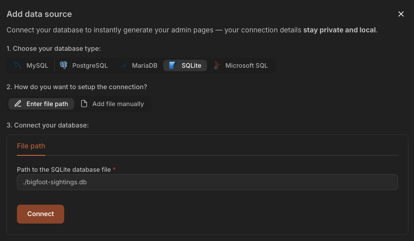 Screenshot of setting up database connection