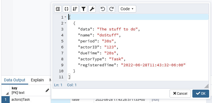 Screenshot of Dapr storing all actor reminders in a single db column.