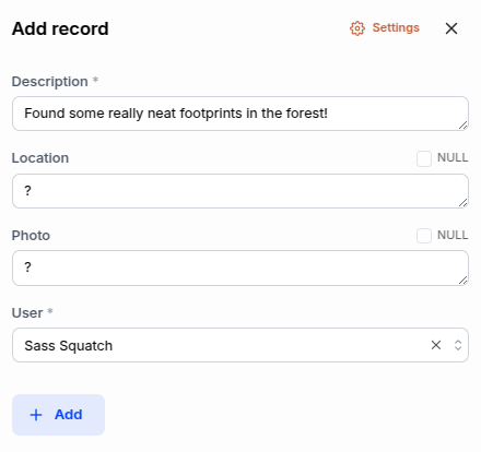 Screenshot of default row editors