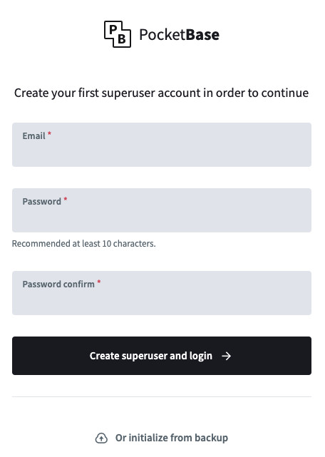 Screenshot of the PocketBase superuser setup screen.
