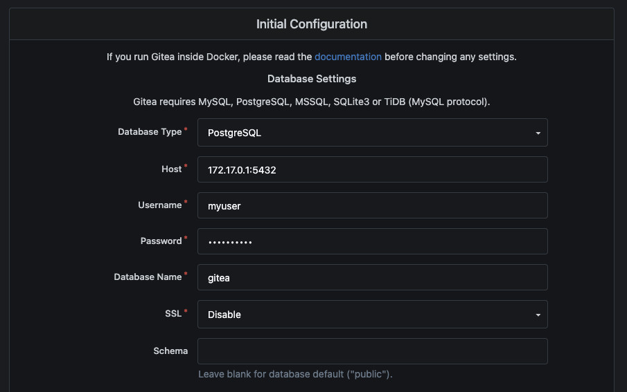 Database configuration for Gitea