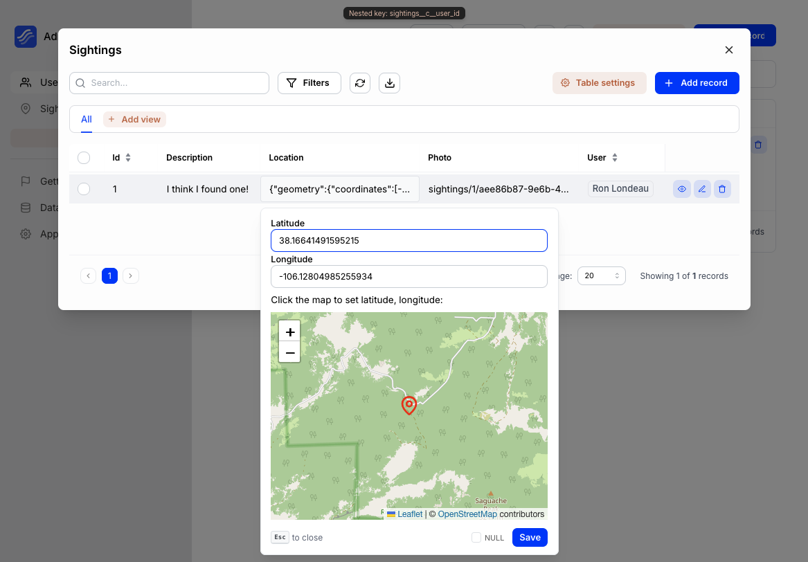 Screenshot of a location picker component in Kottster